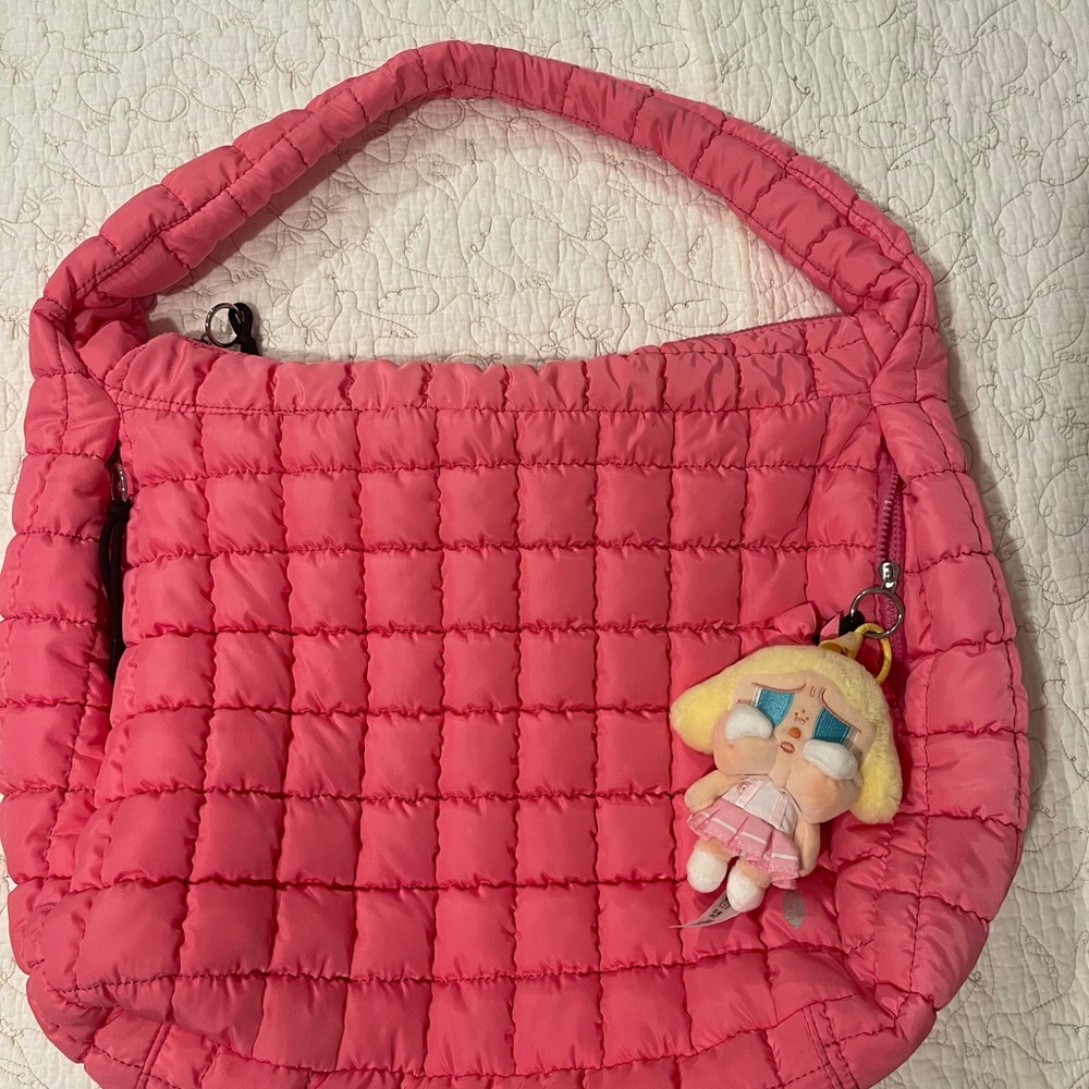 Free People Pink Quilted Shoulder Bag with Popmart keychain (Sunset Concert)